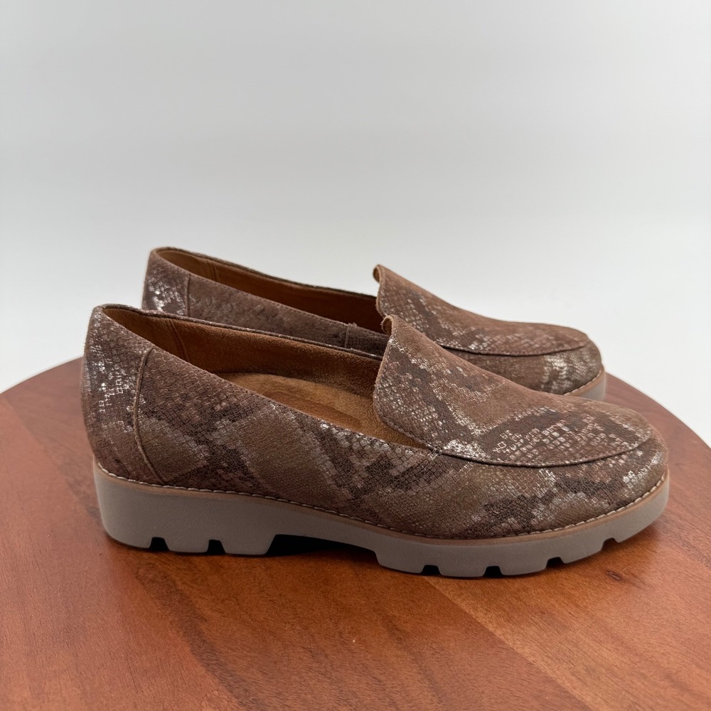 Vionic Kensley Brown Metallic‎ Snakeskin Platform Lug Sole Loafers Womens 8.5